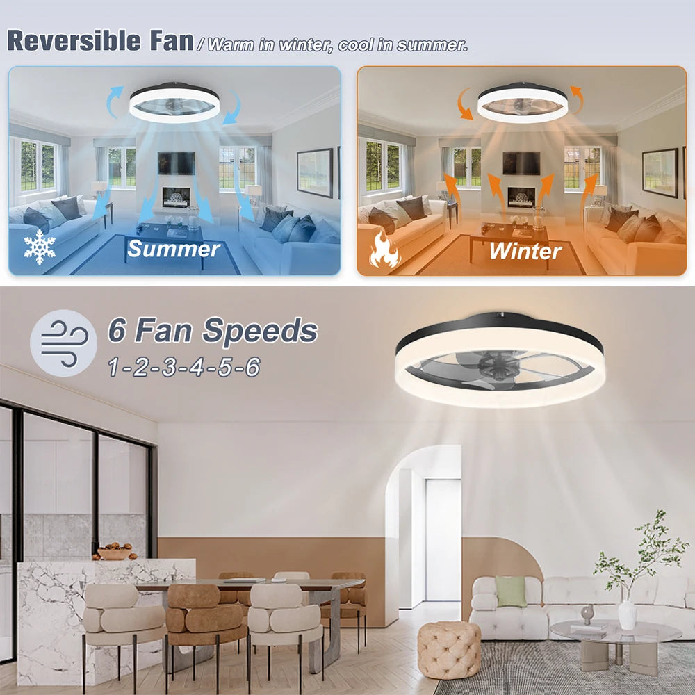 Smart Ceiling Fan with LED Light - Remote Control, Retractable Silent Blades for Bedroom Decor