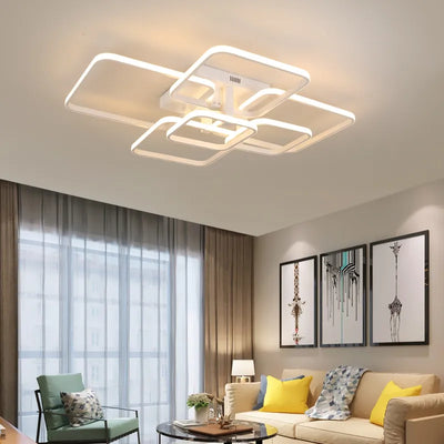 LODOOO Modern LED Chandelier: Contemporary Lighting for Living Room, Bedroom, and Kitchen - White/Black Rectangle Design with Dimmable Remote Control