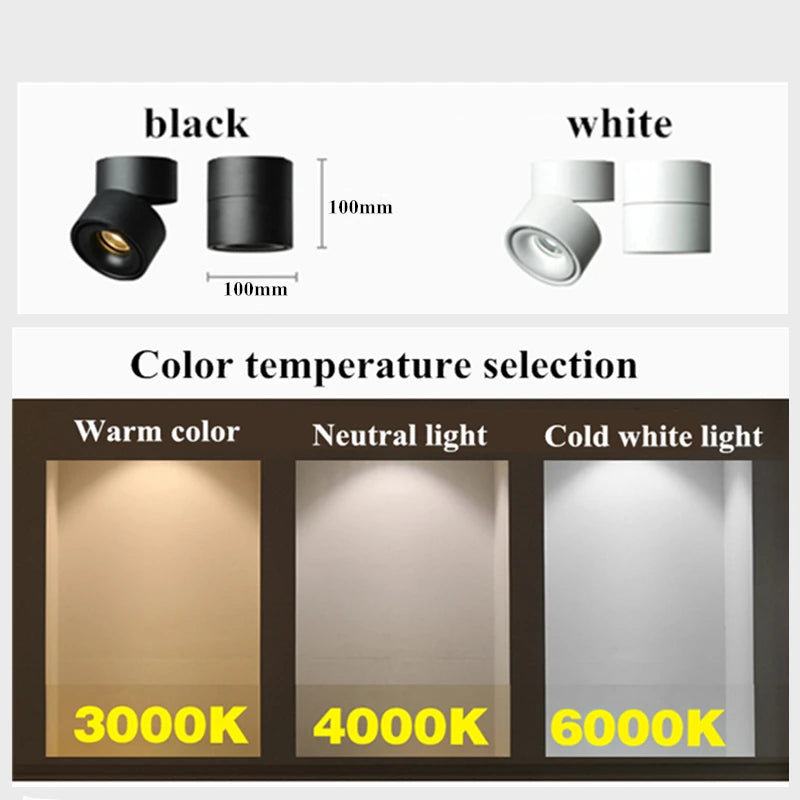 Dimmable 360° Rotatable COB LED Ceiling Light – Surface Mounted Adjustable Spot Downlight