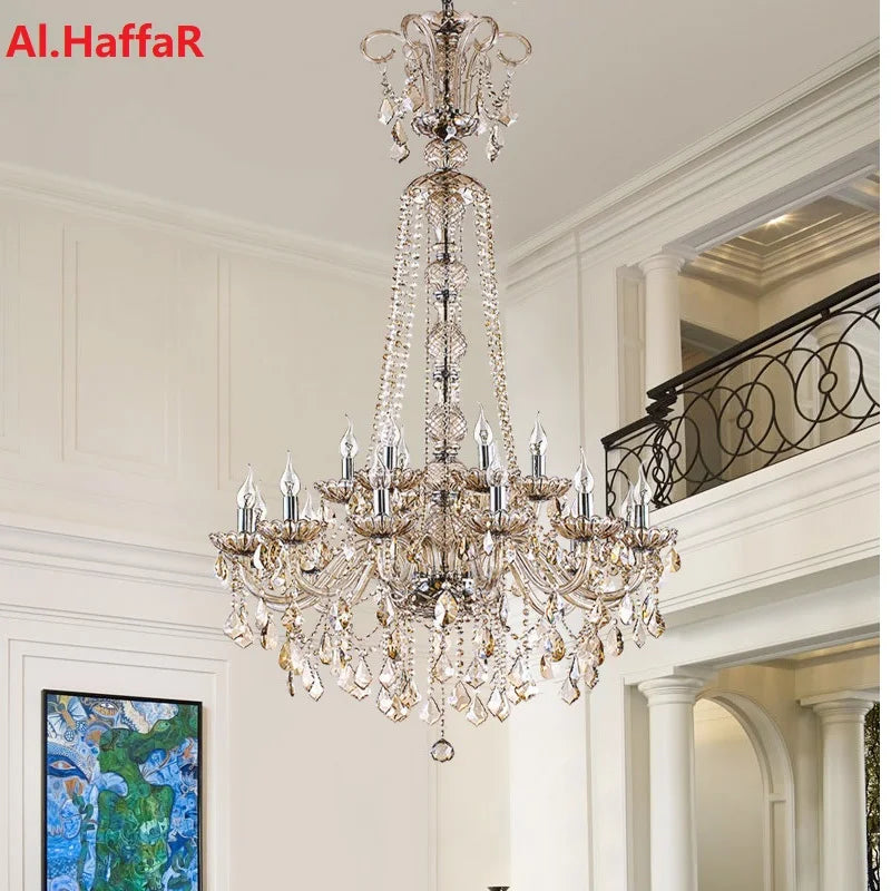 Luxury Extra Long Large Stair Crystal Chandelier - Gold/Silver K9 Crystal Candle Export Lobby Light, 15 Arms, Height 150cm
