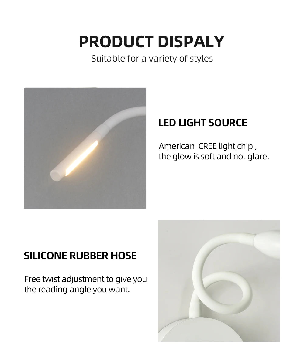 Flexible LED Book Lamp with USB Charger - Wall Mount Reading Light for Bedside Study