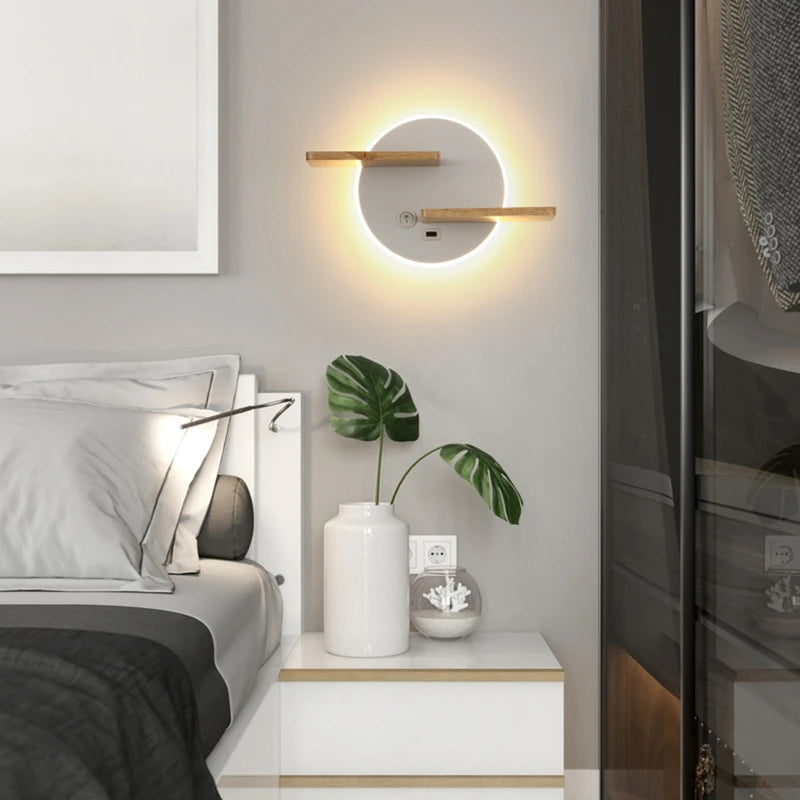 Modern LED Wall Lamp with USB Charging Port Shelf - Stylish Bedroom Bedside Light Fixture with Switch