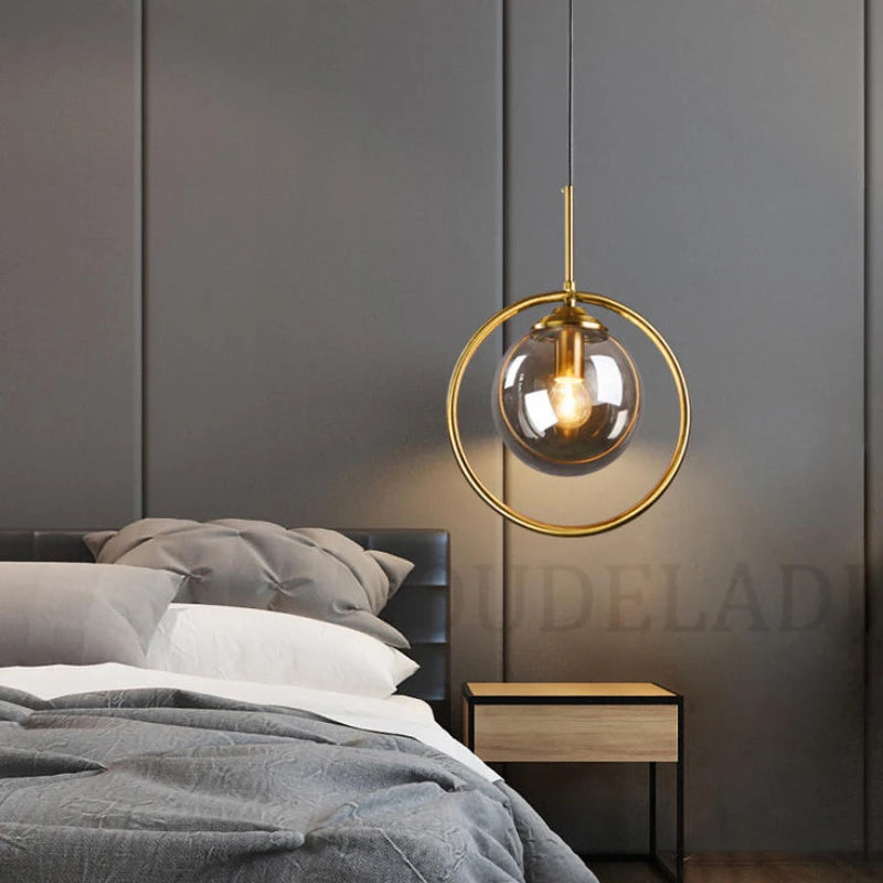 Nordic Metal Ring Pendant Lights: Modern Glass Ball Hanging Lamp for Restaurant, Living Room, Bedroom