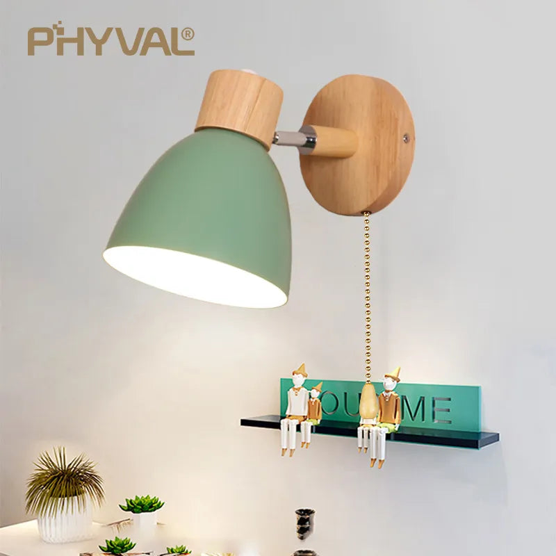 Nordic Wooden Wall Lamp with Switch - Modern Macaroon Design, 6 Color Options, Ideal for Bedroom and Living Room Lighting