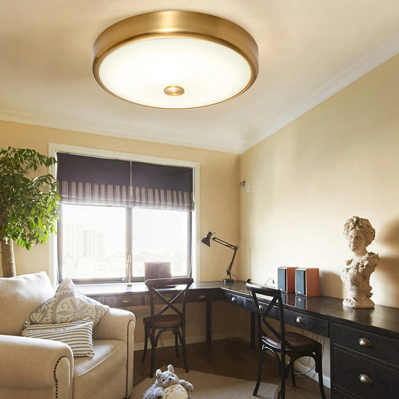 Modern Round Glass Shade Ceiling Light - LED Brass Lamp for Living Room, Bedroom, Restaurant