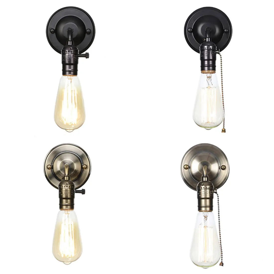 Retro Vintage Iron LED Wall Lights with Pull Chain Switch: Loft Style Chrome Bedroom Sconces