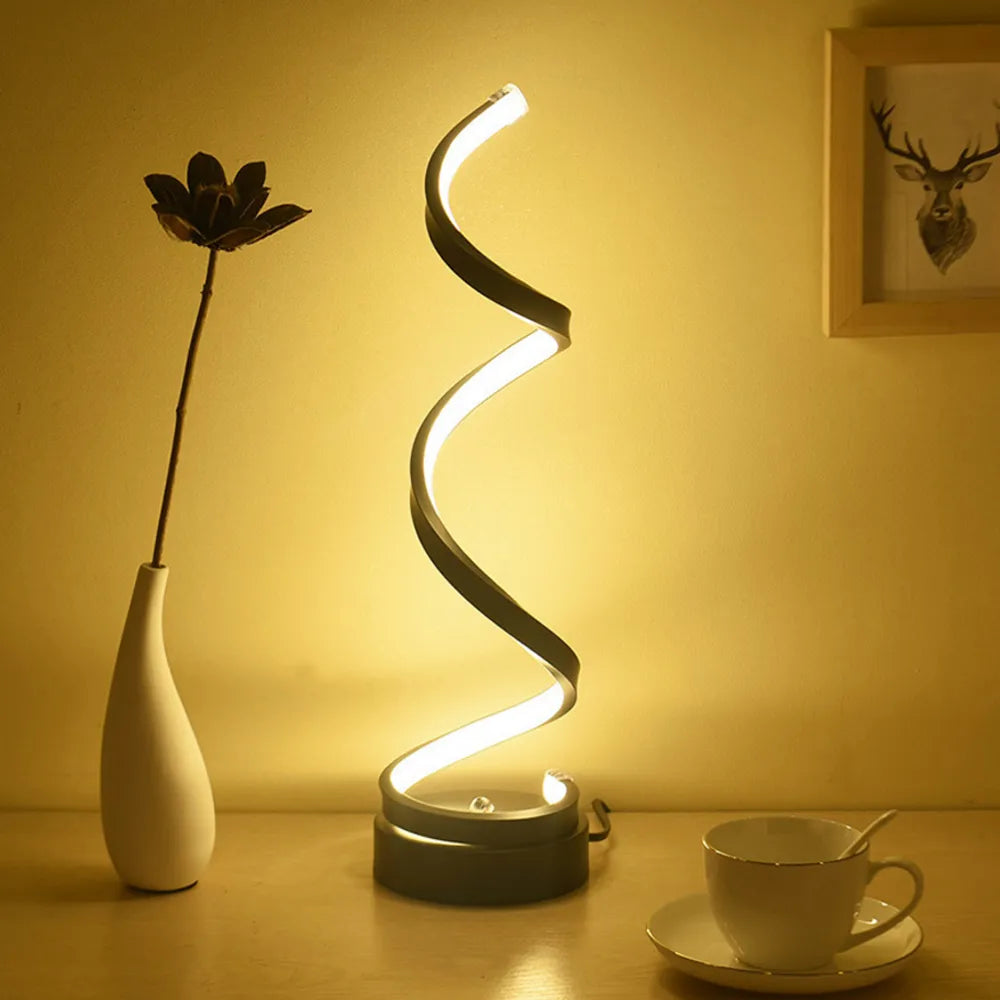 Modern LED Spiral Desk Lamp - Curved Bedside Light with Dimmable Warm White Night Light for Living Room and Bedroom