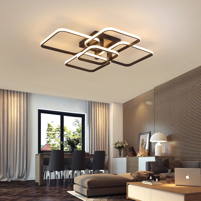 LODOOO Modern LED Chandelier: Contemporary Lighting for Living Room, Bedroom, and Kitchen - White/Black Rectangle Design with Dimmable Remote Control