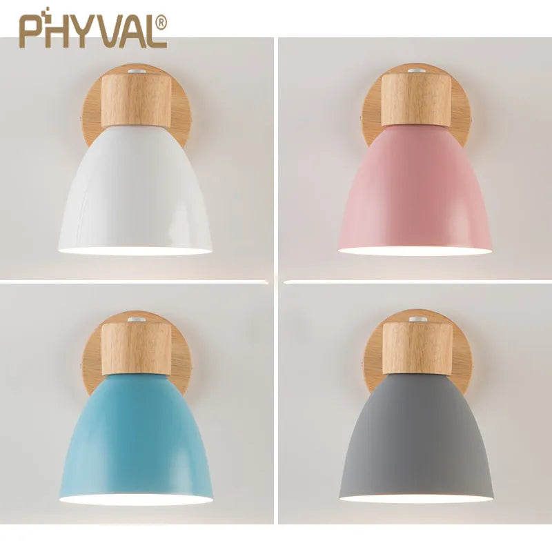 Nordic Wooden Wall Lamp with Switch - Modern Macaroon Design, 6 Color Options, Ideal for Bedroom and Living Room Lighting