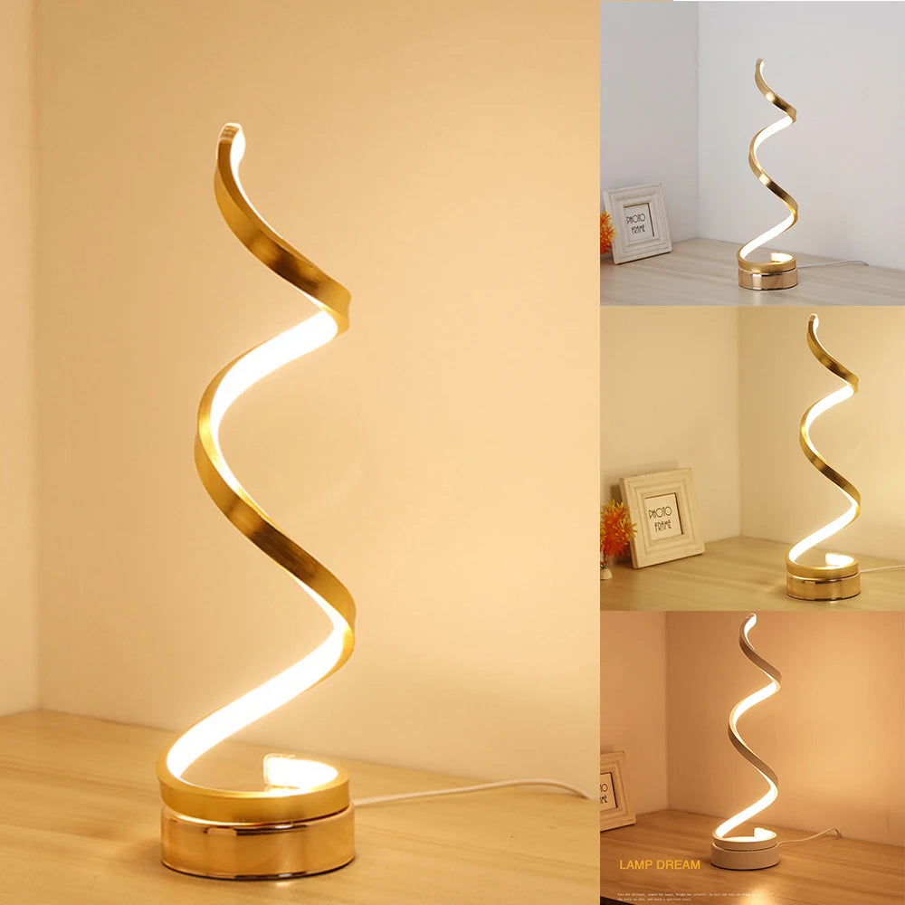 Modern LED Spiral Desk Lamp - Curved Bedside Light with Dimmable Warm White Night Light for Living Room and Bedroom