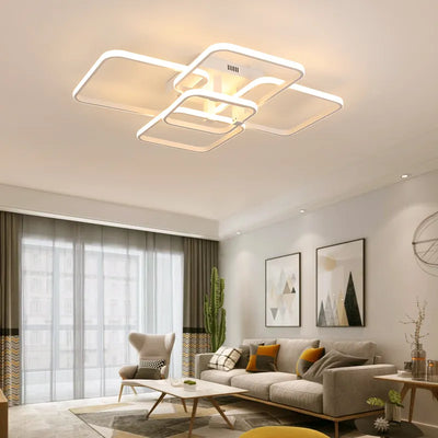 LODOOO Modern LED Chandelier: Contemporary Lighting for Living Room, Bedroom, and Kitchen - White/Black Rectangle Design with Dimmable Remote Control