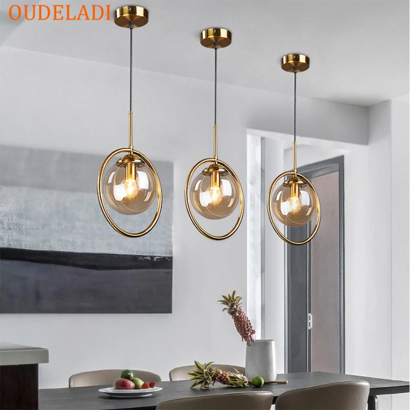 Nordic Metal Ring Pendant Lights: Modern Glass Ball Hanging Lamp for Restaurant, Living Room, Bedroom