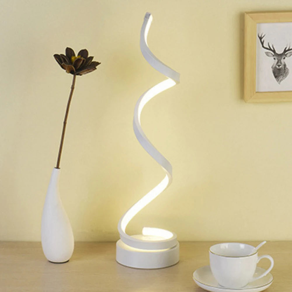 Modern LED Spiral Desk Lamp - Curved Bedside Light with Dimmable Warm White Night Light for Living Room and Bedroom