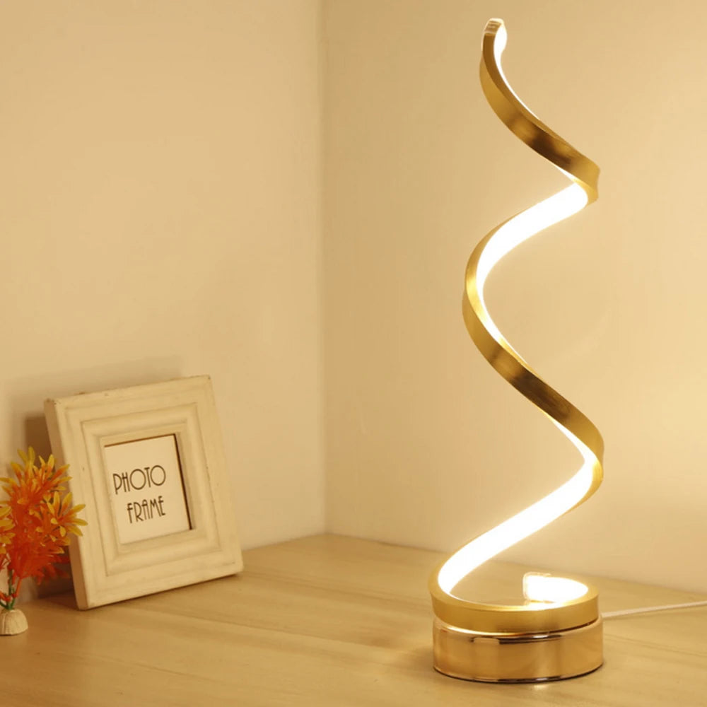 Modern LED Spiral Desk Lamp - Curved Bedside Light with Dimmable Warm White Night Light for Living Room and Bedroom