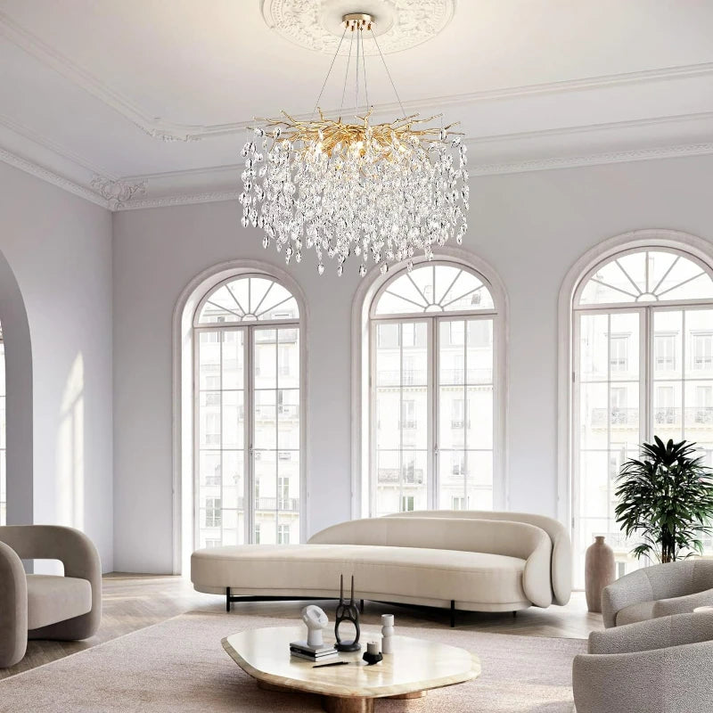 Modern Round Crystal Chandelier - Gold Luxury Ceiling Pendant Light Fixture, Tree Branch Design for Dining