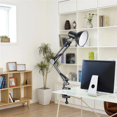 Modern Flexible Swing Arm Desk Lamp with Clamp Mount - Adjustable Black Desk Light