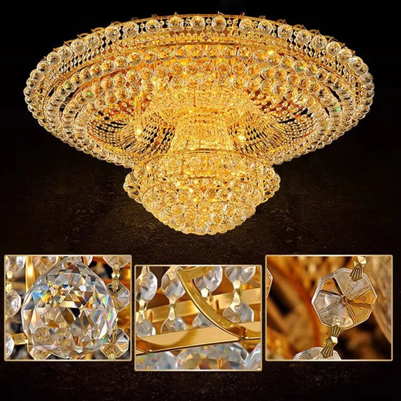 Continental Circular Golden Living Room Crystal Round LED Chandelier Hall Suspended Ceiling Lamp Remote Control Hotel Headlight