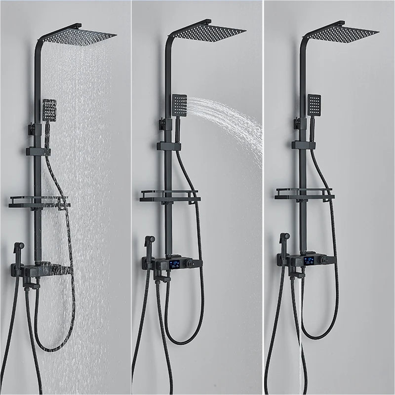 Black Digital Display Thermostatic Shower Faucet Set with Rainfall Shower and 4-Way Mixer