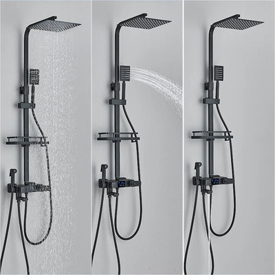 Black Digital Display Thermostatic Shower Faucet Set with Rainfall Shower and 4-Way Mixer