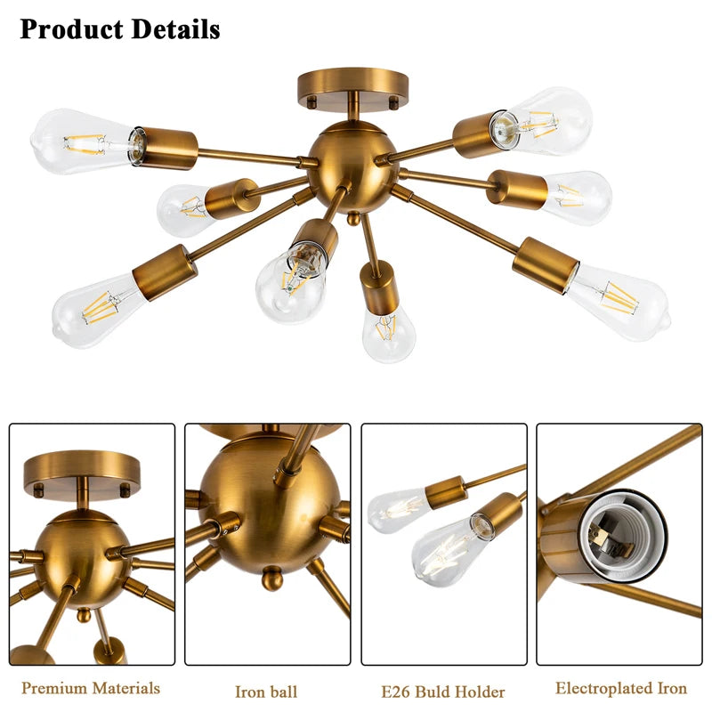 Modern Sputnik Ceiling Chandelier Hanging Lamp, Lustre Light Fixture - Perfect for Home Living, Dining Room Decor