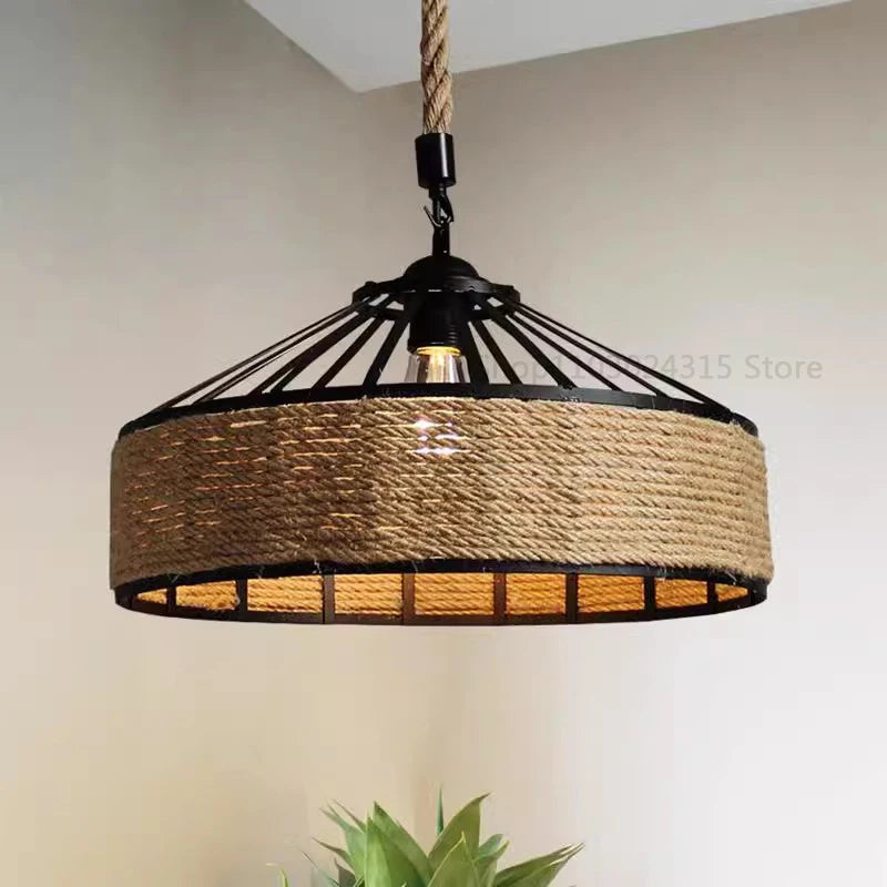 Classical Hemp Rope Pendant Hanging Lamp: Vintage Ceiling Chandelier with Antique Industrial Iron
