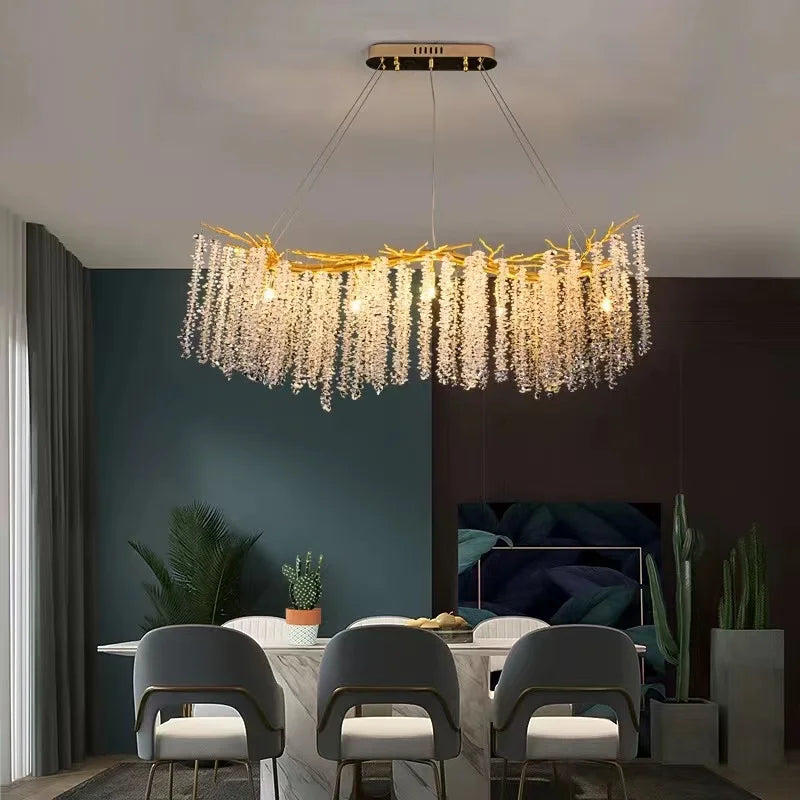 European Style Long Ceiling Chandelier - Crystal Branch Design Dining Room Lighting with Aluminum Luxury Tassel Glass Round Chandeliers