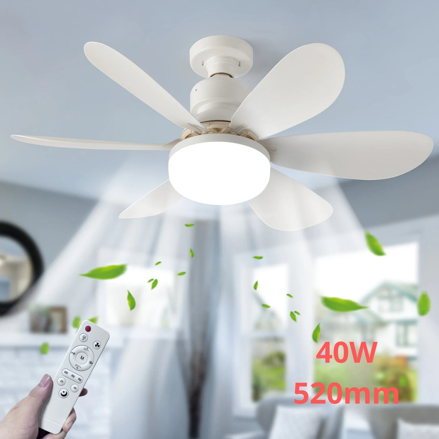 40W Ceiling Fan Light with Remote Control - 20.5in Compact Socket Fan with LED Light for Kitchen, Bedroom, and Small Spaces