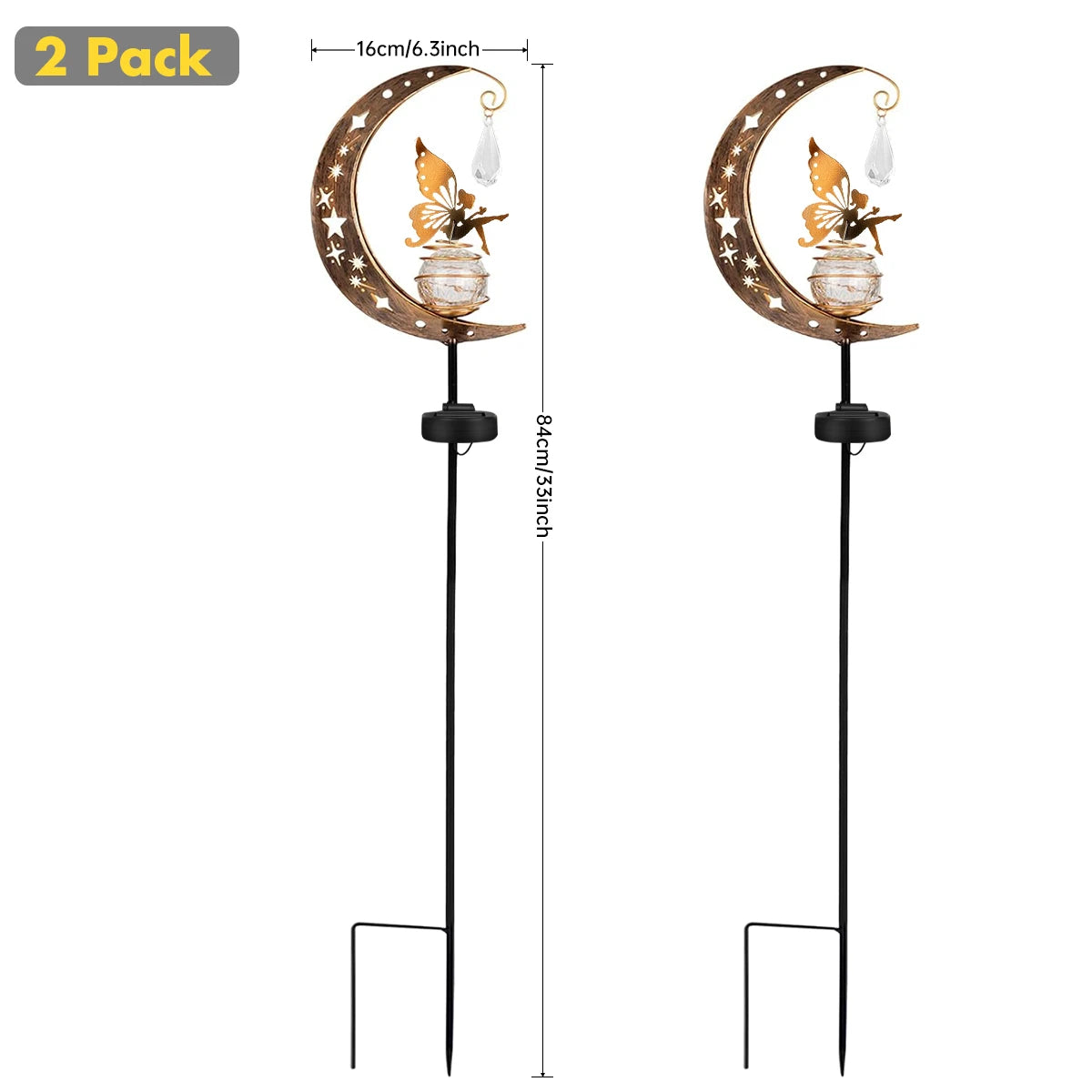 Moon Fairy Garden Solar Stake Lights Outdoor Crackle Glass Globe with Metal Angle Stake Decoration