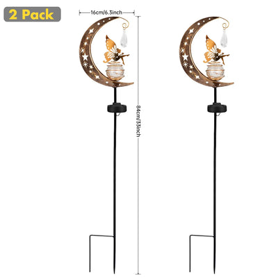 Moon Fairy Garden Solar Stake Lights Outdoor Crackle Glass Globe with Metal Angle Stake Decoration