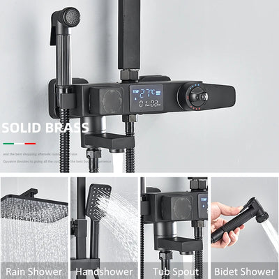 Black Digital Display Thermostatic Shower Faucet Set with Rainfall Shower and 4-Way Mixer