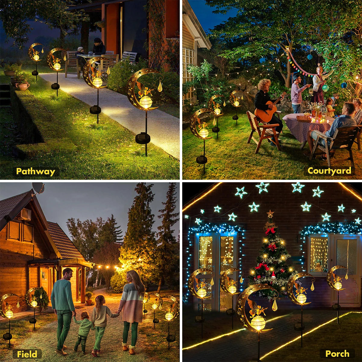 Moon Fairy Garden Solar Stake Lights Outdoor Crackle Glass Globe with Metal Angle Stake Decoration