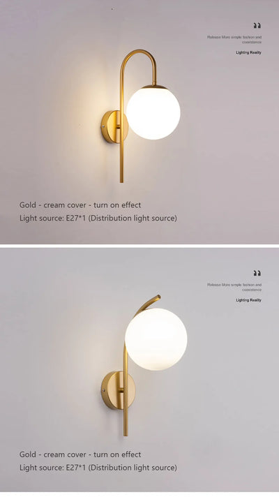 Modern Wall Light with Glass Shade - Semi Flush Mount, Gold Iron Spherical Wall Lamp for Bedroom