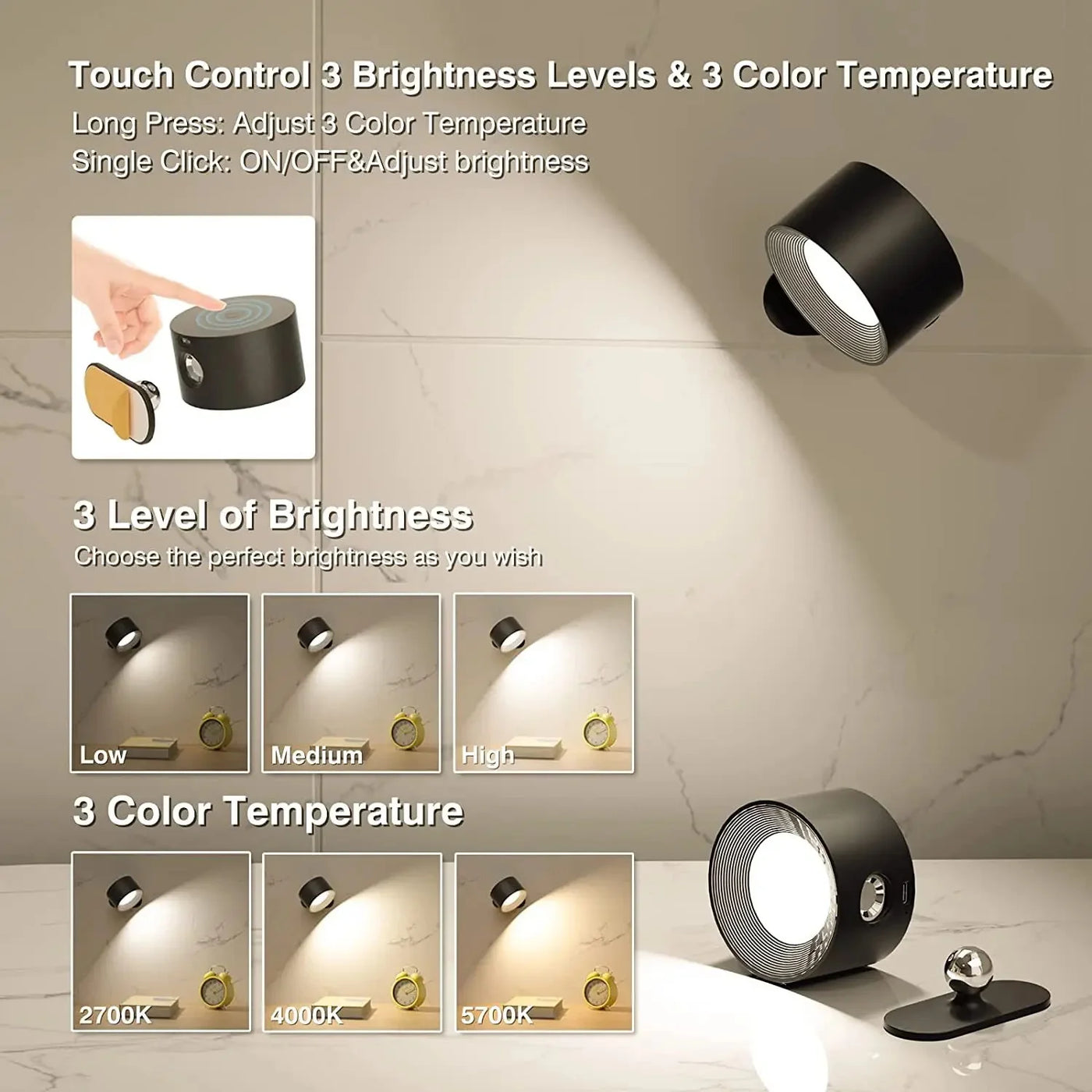 Modern LED Wall Sconces Lamp with Touch Control - USB Rechargeable and Dimmable