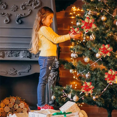 5/10pcs Glitter Artificial Christmas Flowers 14.5cm Pink Red Gold Poinsettia Ornaments for Tree and Home Decoration