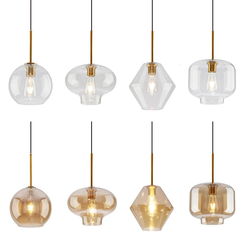 Nordic Amber Glass Pendant Lamp - Stylish LED Hanging Light Fixture for Dining Room, Kitchen, and More