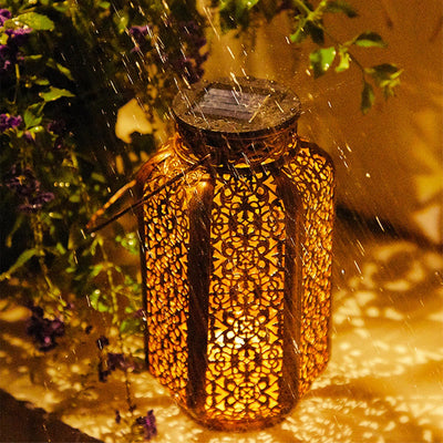 LED Solar Hanging Lantern: Retro Iron Art Decorative Vintage Pathway Lamp. Outdoor Metal Hollow Light
