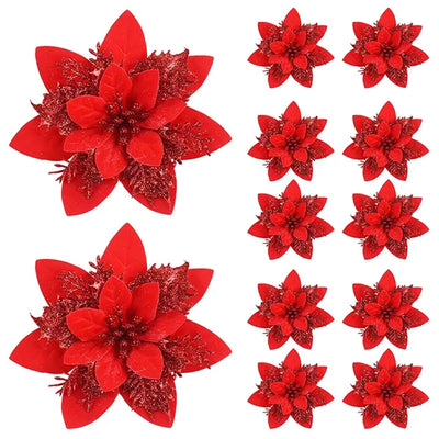 5/10pcs Glitter Artificial Christmas Flowers 14.5cm Pink Red Gold Poinsettia Ornaments for Tree and Home Decoration