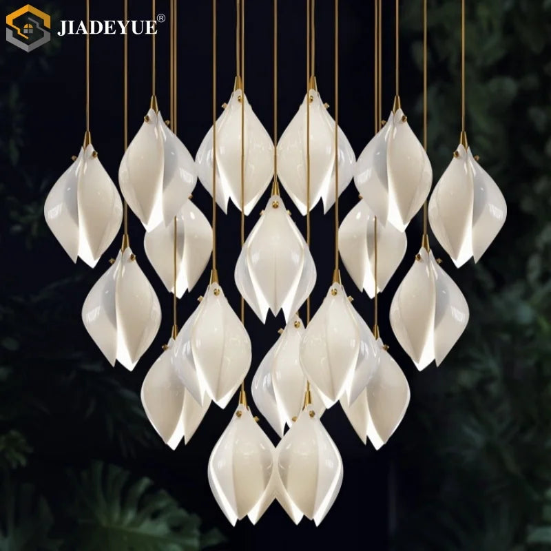 Modern Magnolia Long Pendant Light Ceramic LED for Staircase, Living Room, Dining Room, and Bedroom