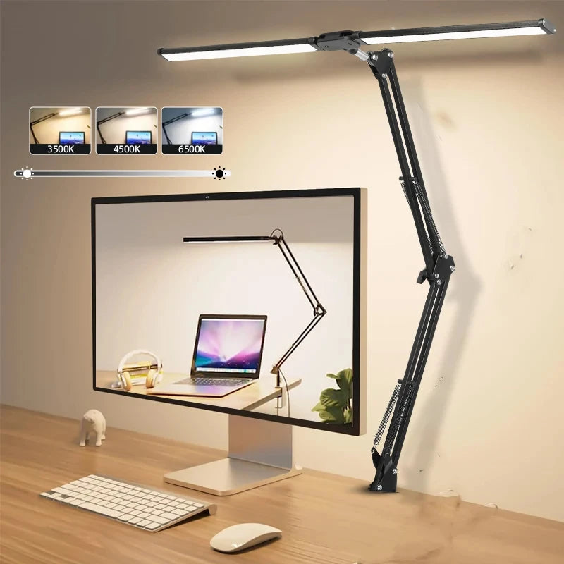 Modern LED Desk Lamp with Clamp - Dimmable Double Head Table Lamp for Office and Study