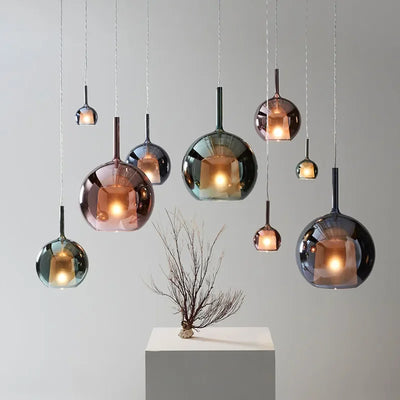 Modern LED Suspension Lamp for Restaurant Smoke Gray Indoor Island Hanging Light Fixtures Round Glass Ball Kitchen