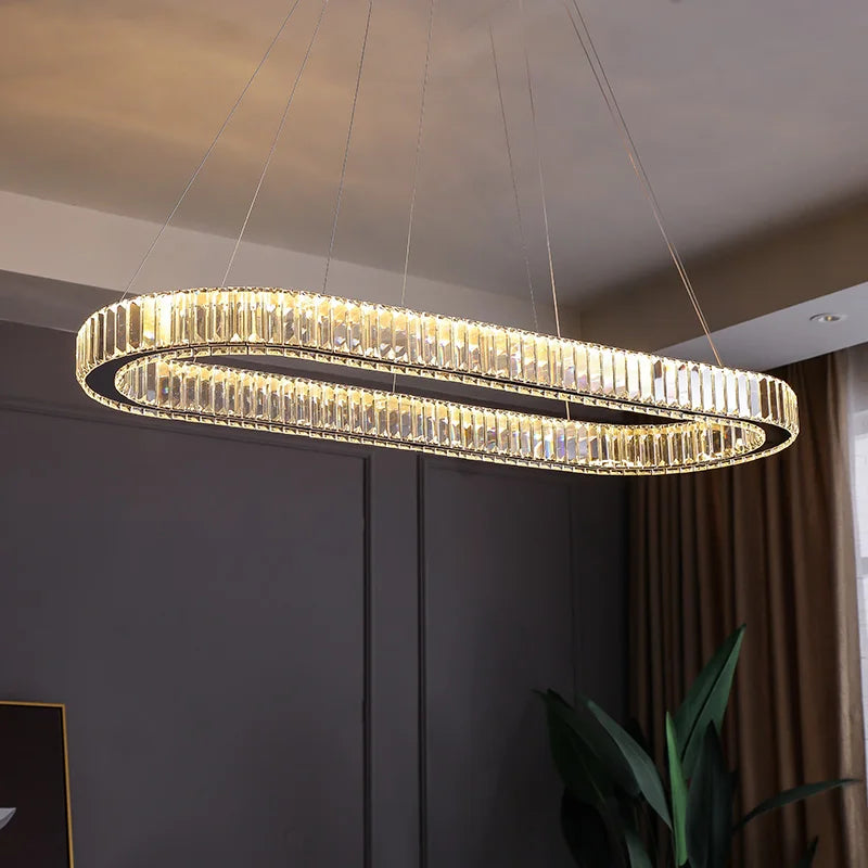 Modern Dimmable LED Pendant Light with Remote Control - Shiny Steel and K9 Crystal Droplight for Dining Table