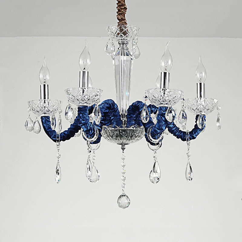 Deluxe Retro Blue Crystal Chandelier with Noble Purple Flannelette Shade - LED 6 Head Pendant Lamp for Villa and Wedding Lobbies