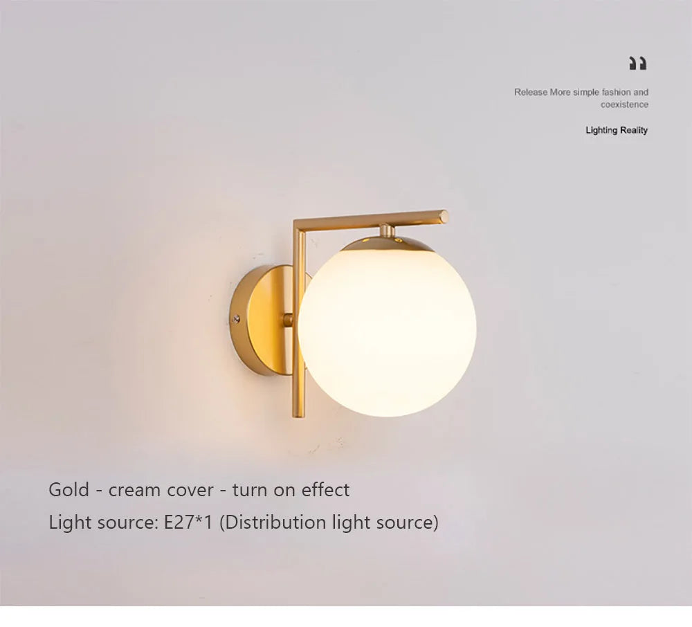 Modern Wall Light with Glass Shade - Semi Flush Mount, Gold Iron Spherical Wall Lamp for Bedroom