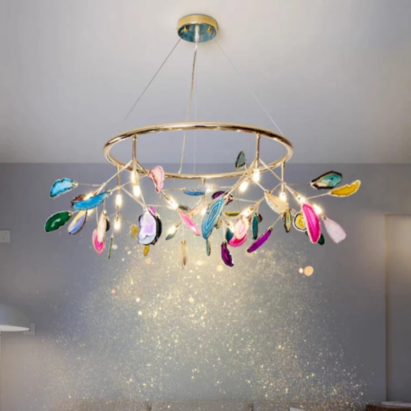 Natural Agate Chandelier LED Lighting for Foyer Restaurant Bedroom, Colorful Green Blue Red Purple Pink, Adjustable Cord, G4 Bulbs Included