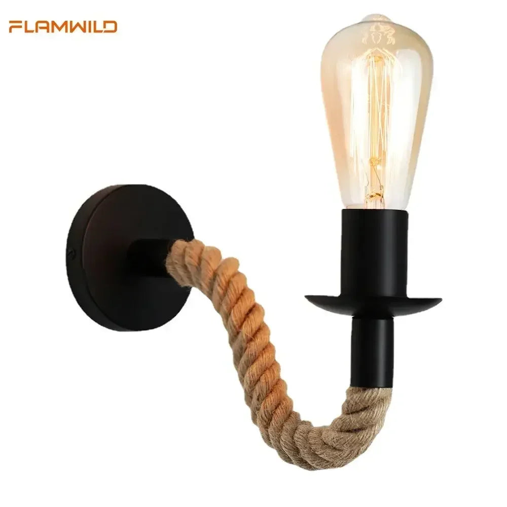 Rustic Wood Wall Lamp: Hemp Rope Sconce for Bedroom, Dining, or Hallway Décor