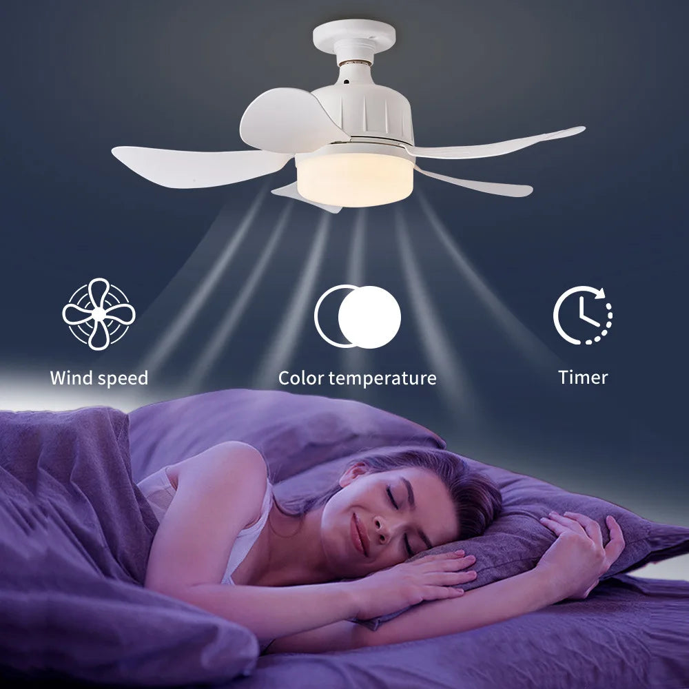 LED Socket Fan Light with Remote - Compact 17.7in Ceiling Fan with LED Light for Kitchen, Bedroom, Small Rooms