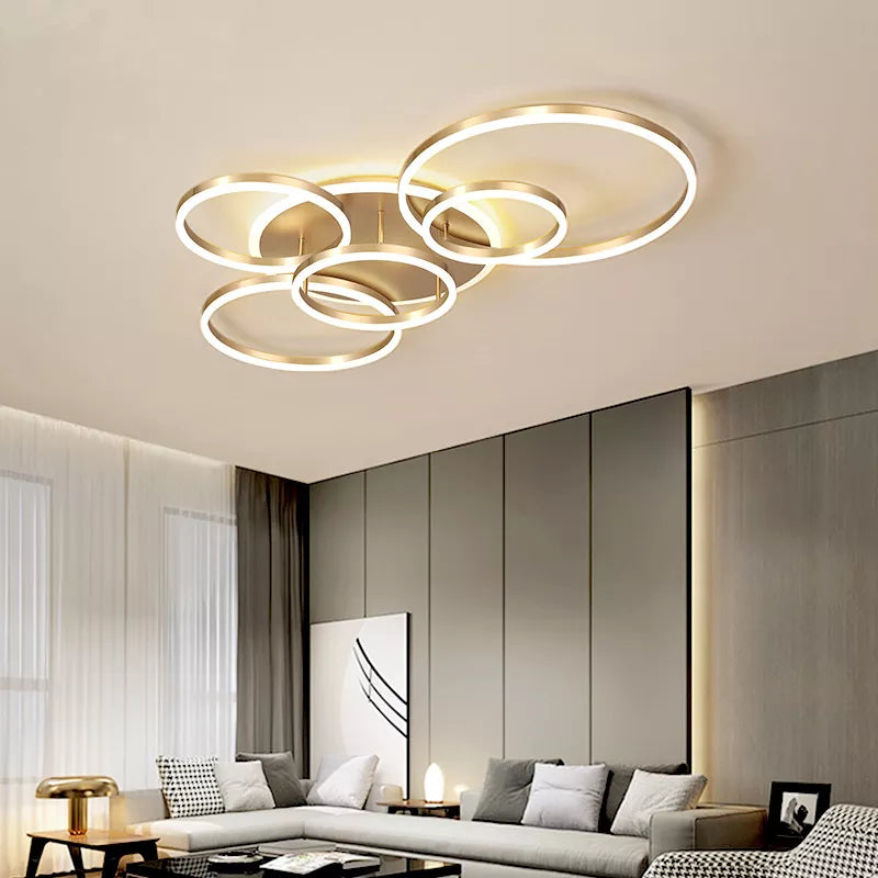 Modern 5 Ring LED Ceiling Chandelier Black, Gold, or White for Living Room, Bedroom, and Home Design Lighting