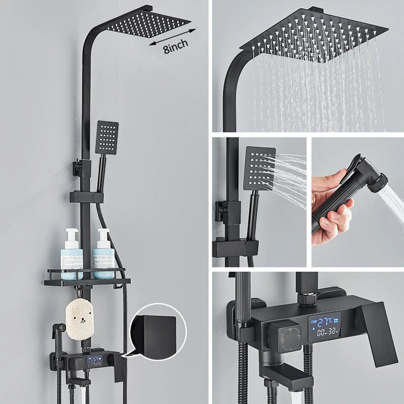 Black Digital Display Thermostatic Shower Faucet Set with Rainfall Shower and 4-Way Mixer