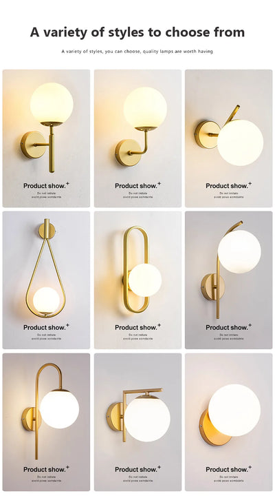 Modern Wall Light with Glass Shade - Semi Flush Mount, Gold Iron Spherical Wall Lamp for Bedroom