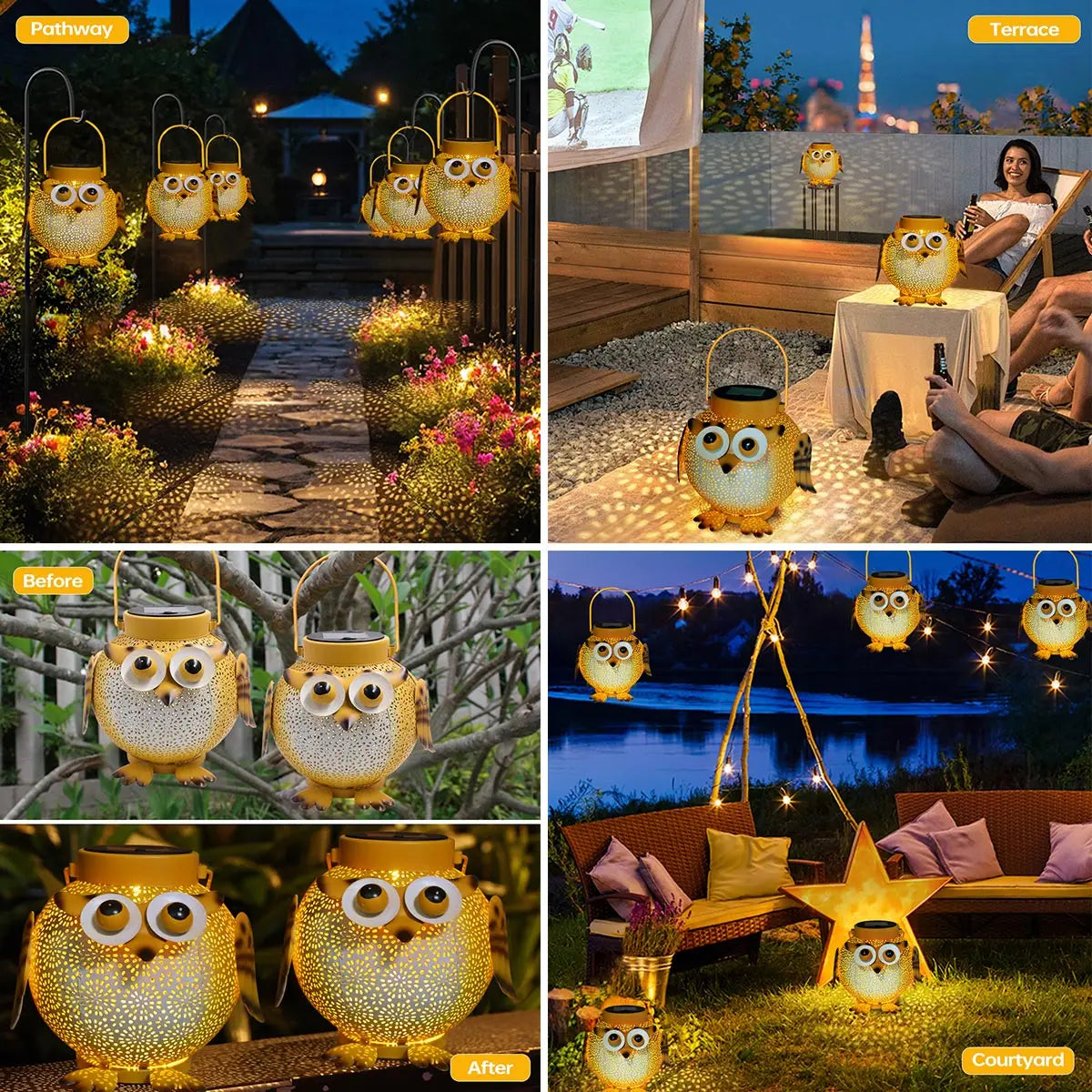 Waterproof  Outdoor Solar Owl LED Pendant Lights for Garden, Patio, Deck, and Backyard